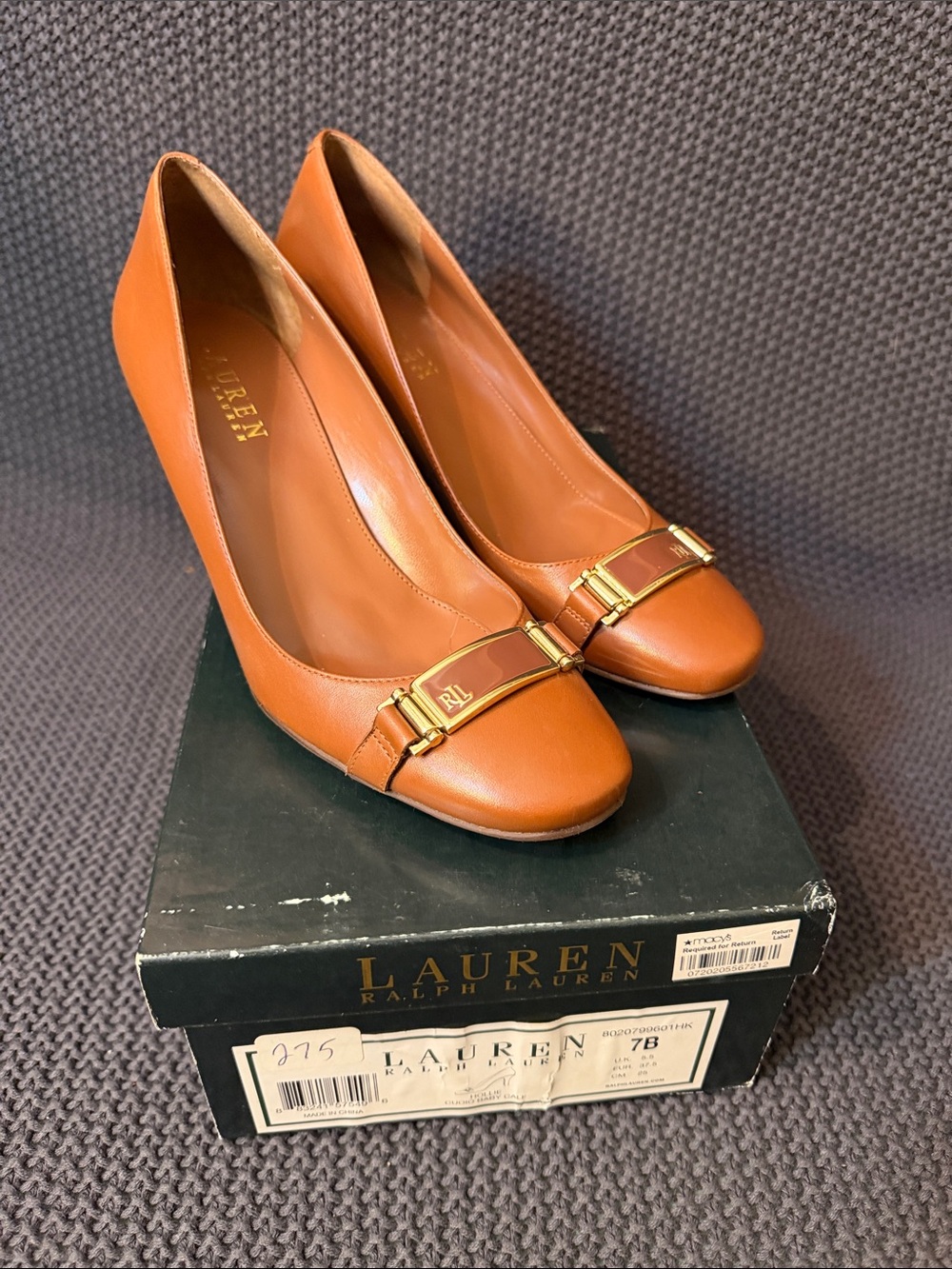 Polo by Ralph Lauren Cognac Leather Heeled Pumps with Gold Buckle